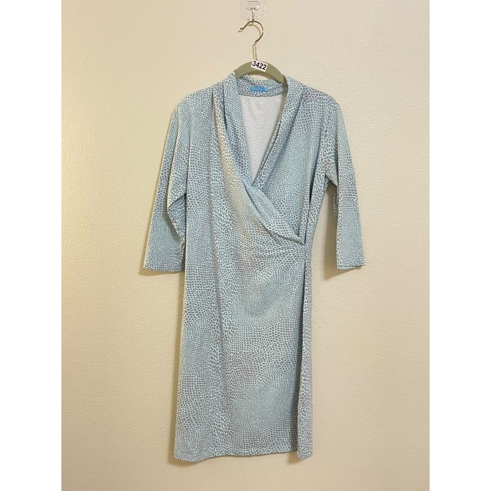 J.McLaughlin Catalina Cloth Faux Wrap Dress Blue Pebble Print Size M 3/4 Sleeve